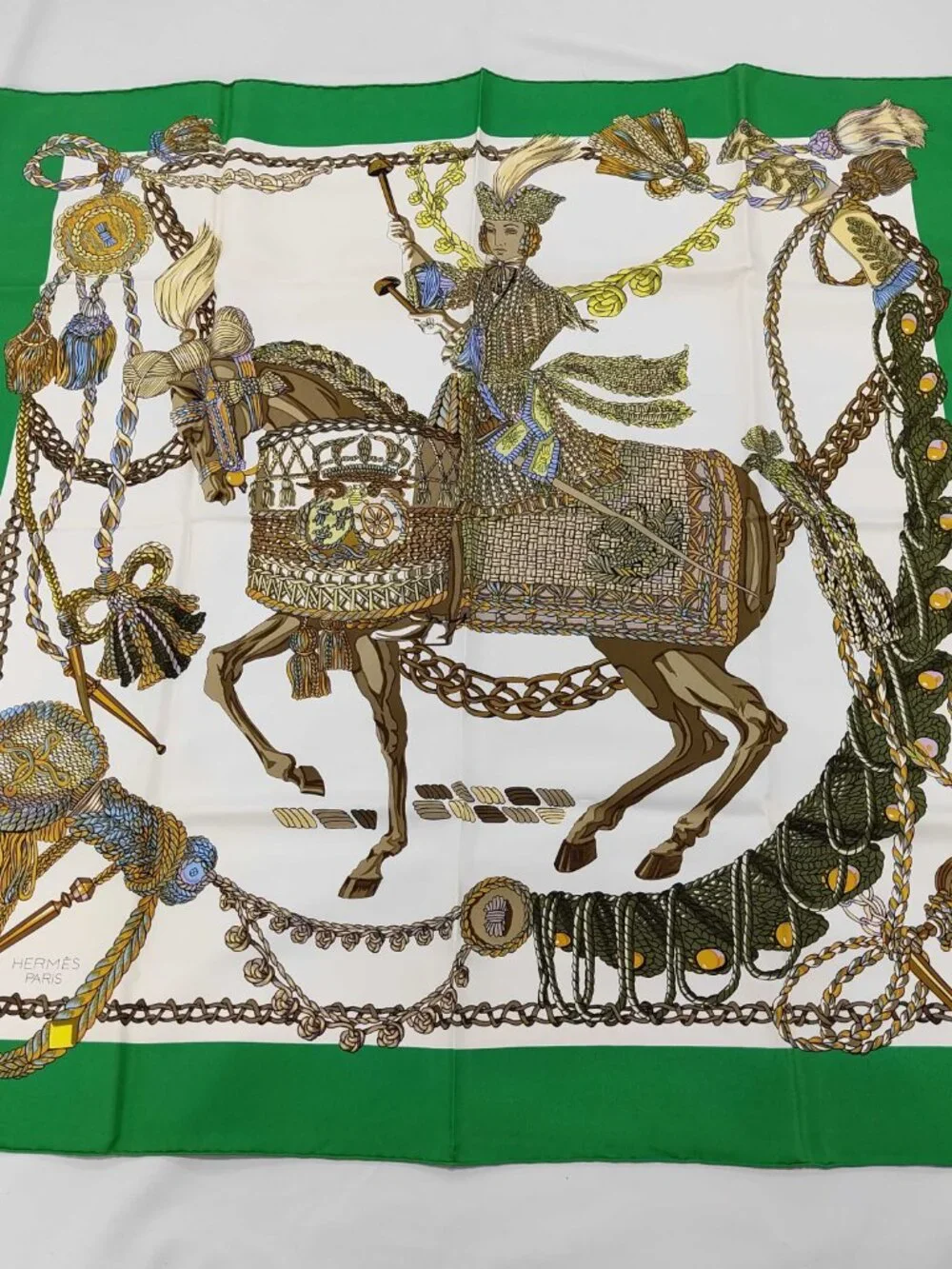 Hermès Paris Vintage Silk Scarf Equestrian Horse & Rider Green Border